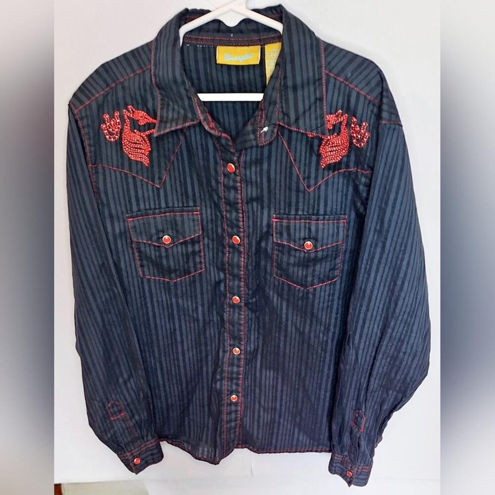 Wrangler Striped Black and Red Girls Embroidered Shirt - XXL